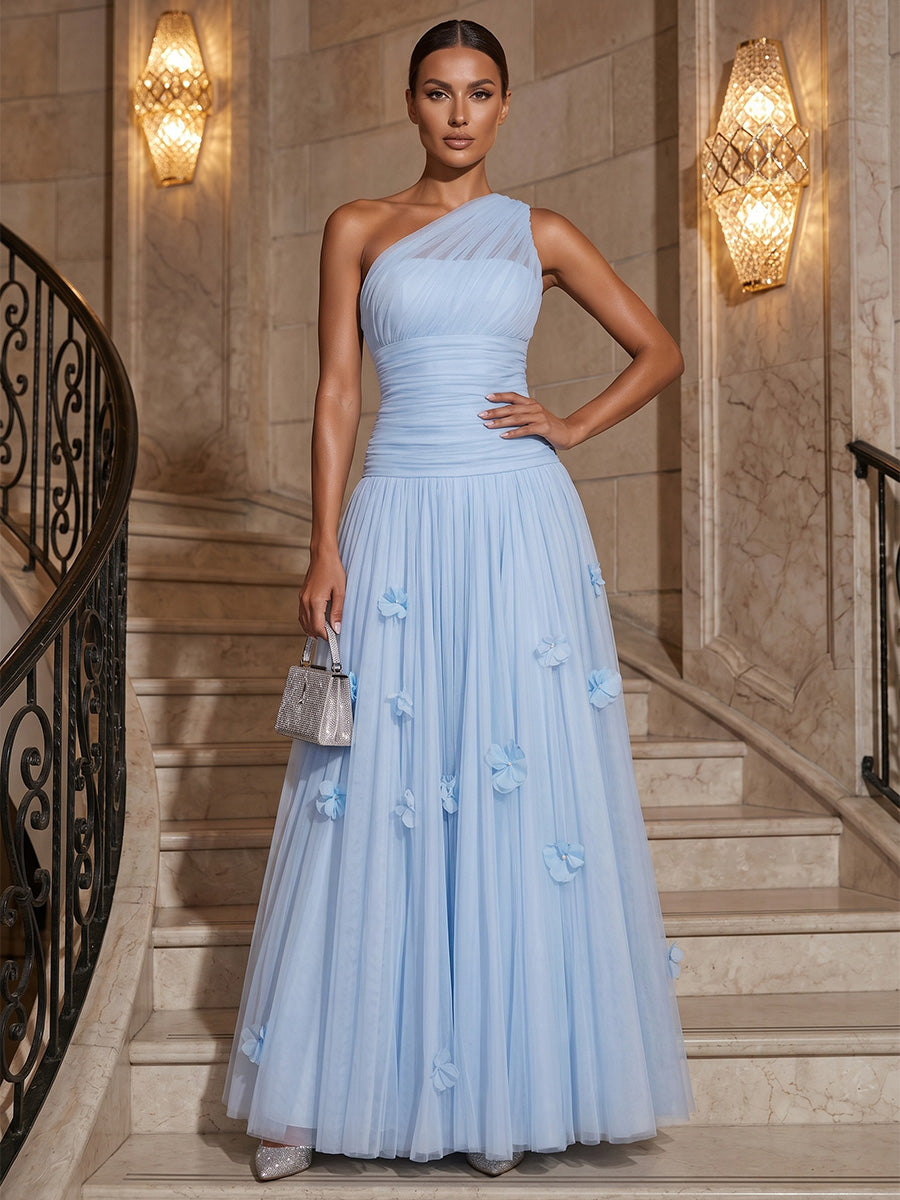 A-Line/Princess One Shoulder Tulle Maxi Evening Dresses with 3D Flowers & Pleats