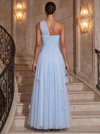 A-Line/Princess One Shoulder Tulle Maxi Evening Dresses with 3D Flowers & Pleats