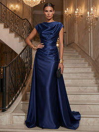 A-Line/Princess Cowl Neck Satin Maxi Evening Dresses with Sweep Train & Ruched Bodice
