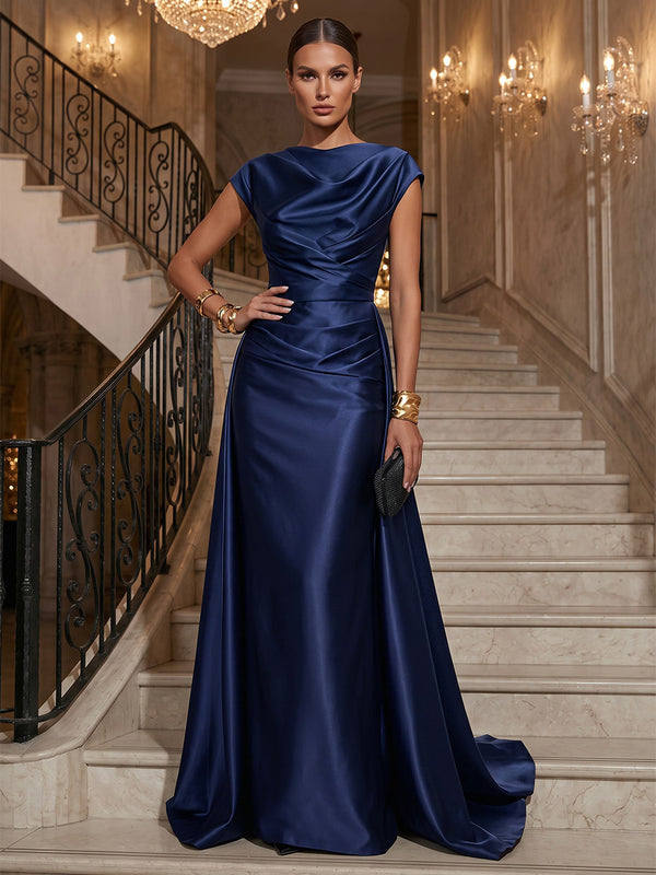A-Line/Princess Cowl Neck Satin Maxi Evening Dresses with Sweep Train & Ruched Bodice