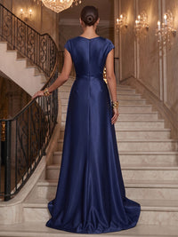 A-Line/Princess Cowl Neck Satin Maxi Evening Dresses with Sweep Train & Ruched Bodice