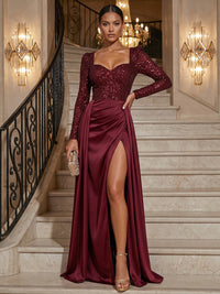 A-Line/Princess Sweetheart Satin Maxi Evening Dresses with Sequin, Ruched Waist & Slit