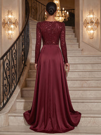 A-Line/Princess Sweetheart Satin Maxi Evening Dresses with Sequin, Ruched Waist & Slit