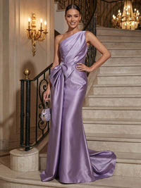 Mermaid/Trumpet One Shoulder Satin Maxi Evening Dresses with Side Sash, Bow & Ruched Bodice