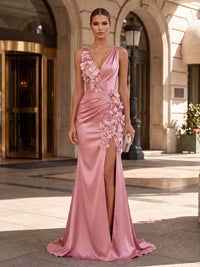 Mermaid/Trumpet V-Neck Satin Maxi Evening Dresses with 3D Flowers, Ruched Waist & Slit