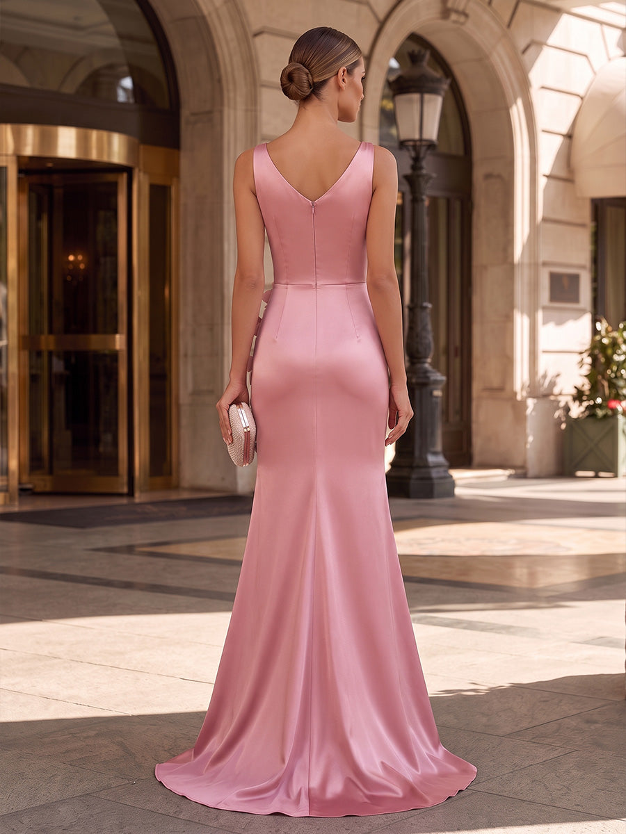 Mermaid/Trumpet V-Neck Satin Maxi Evening Dresses with 3D Flowers, Ruched Waist & Slit
