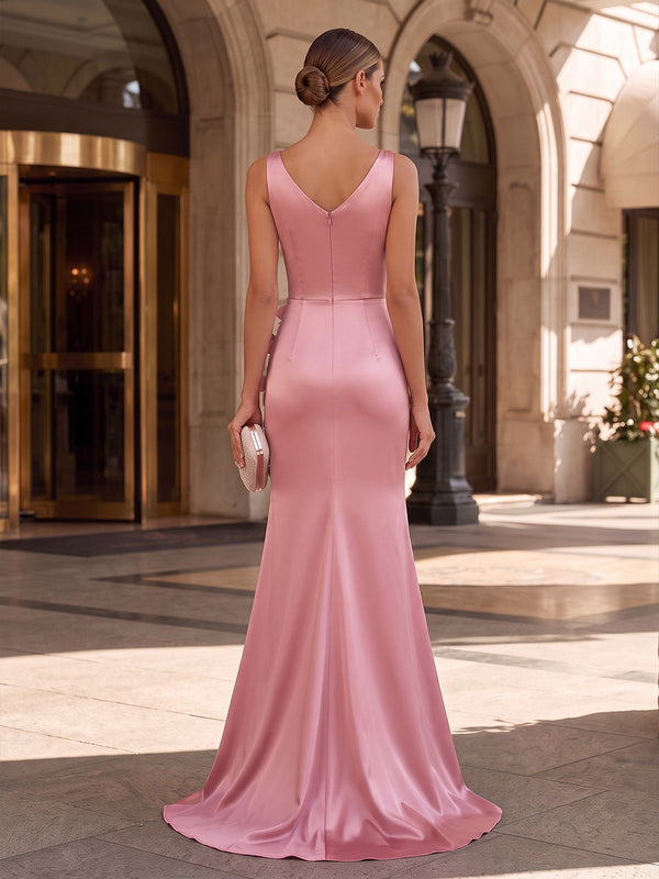 Mermaid/Trumpet V-Neck Satin Maxi Evening Dresses with 3D Flowers, Ruched Waist & Slit