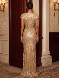 Sheath/Column V-Neck Sequin Maxi Evening Dresses with Ruched Waist