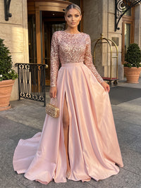 A-Line/Princess Scoop Neck Satin Maxi Evening Dresses with Sequin, Sweep Train, Pleats & Slit