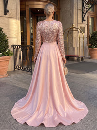 A-Line/Princess Scoop Neck Satin Maxi Evening Dresses with Sequin, Sweep Train, Pleats & Slit