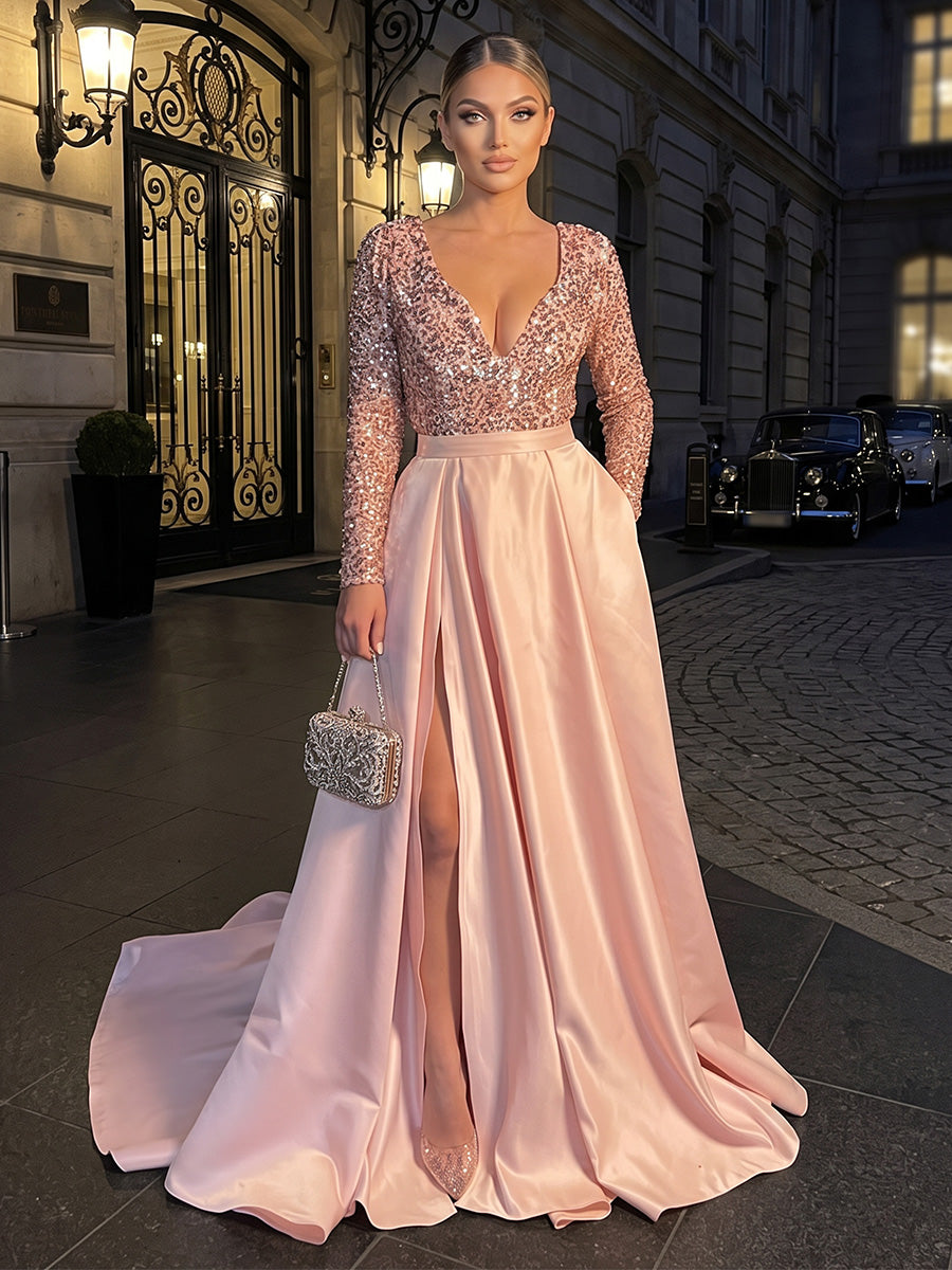A-Line/Princess V-Neck Satin Maxi Evening Dresses with Sequin, Sweep Train, Pleats & Slit