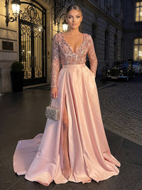 A-Line/Princess V-Neck Satin Maxi Evening Dresses with Sequin, Sweep Train, Pleats & Slit