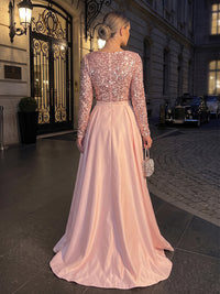 A-Line/Princess V-Neck Satin Maxi Evening Dresses with Sequin, Sweep Train, Pleats & Slit