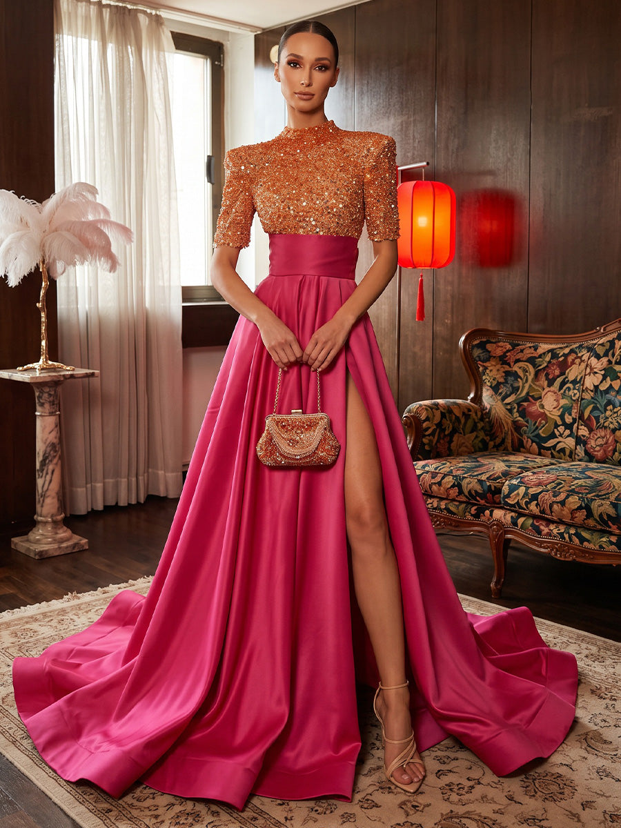 A-Line/Princess High Neck Satin Maxi Evening Dresses with Sequin, Sweep Train, Pleats & Slit