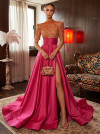 A-Line/Princess High Neck Satin Maxi Evening Dresses with Sequin, Sweep Train, Pleats & Slit