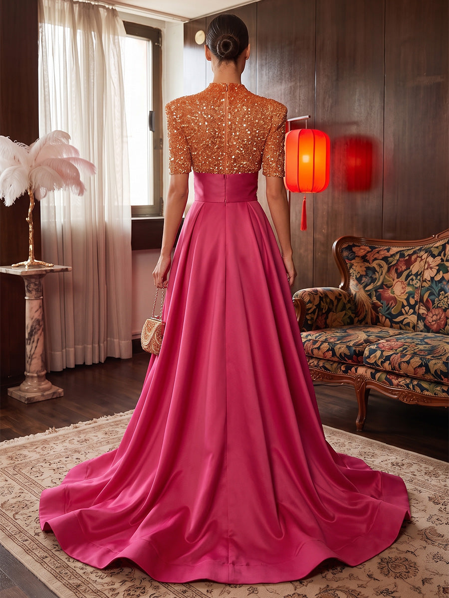 A-Line/Princess High Neck Satin Maxi Evening Dresses with Sequin, Sweep Train, Pleats & Slit