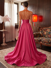 A-Line/Princess High Neck Satin Maxi Evening Dresses with Sequin, Sweep Train, Pleats & Slit