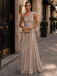 A-Line/Princess One Shoulder Metallic Satin Maxi Evening Dresses with Pleats & Ruched Waist