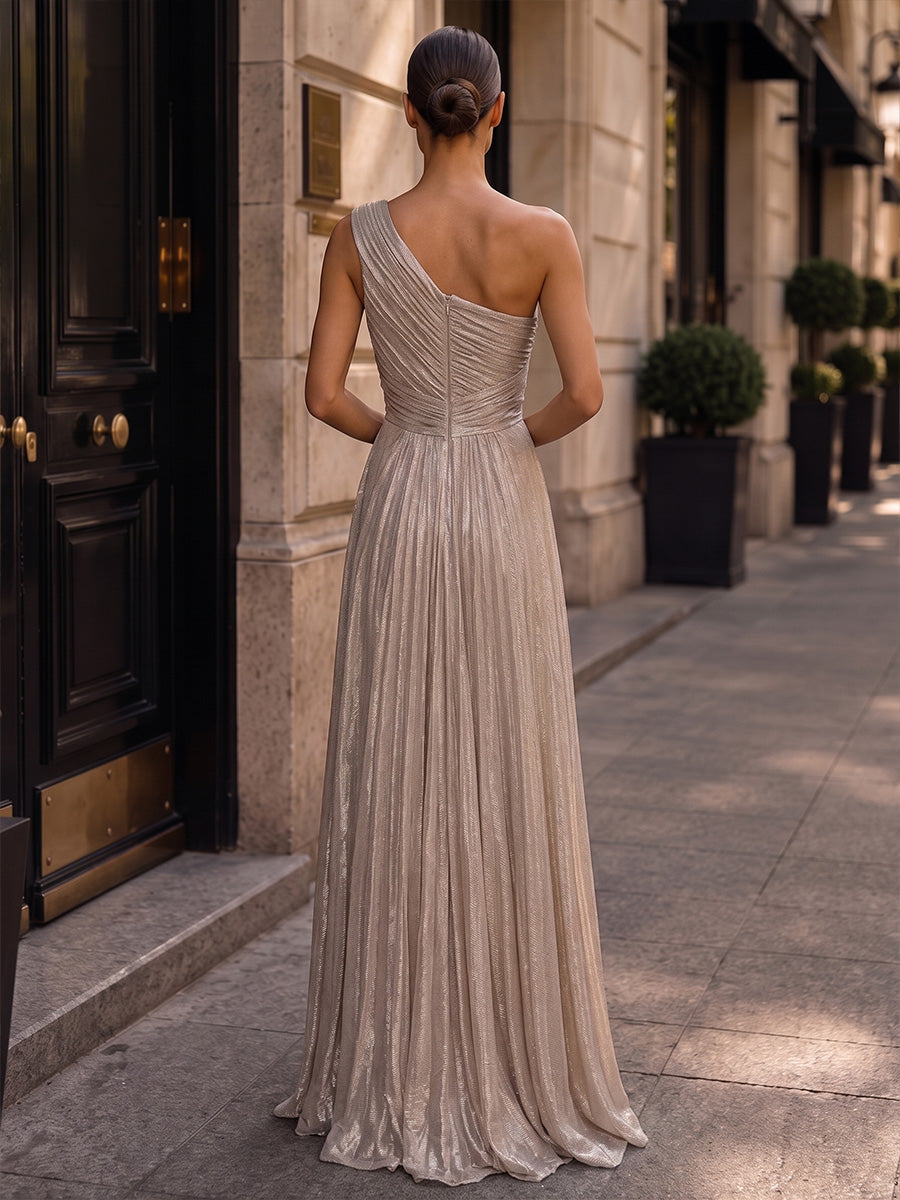 A-Line/Princess One Shoulder Metallic Satin Maxi Evening Dresses with Pleats & Ruched Waist