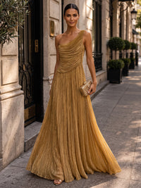 A-Line/Princess One Shoulder Glitter Maxi Evening Dresses with Pleats & Ruched Bodice