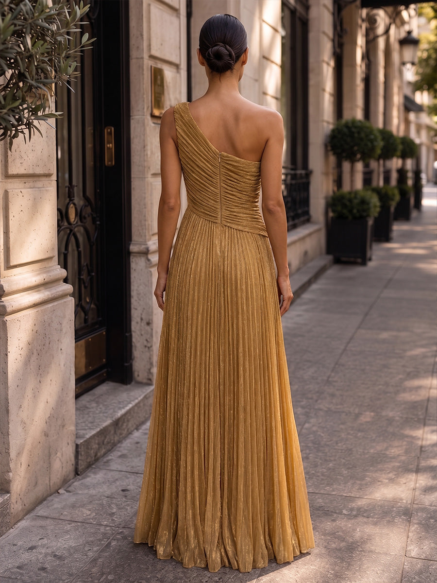 A-Line/Princess One Shoulder Glitter Maxi Evening Dresses with Pleats & Ruched Bodice