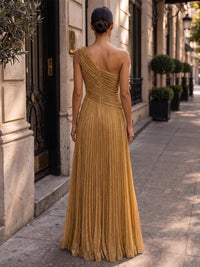 A-Line/Princess One Shoulder Glitter Maxi Evening Dresses with Pleats & Ruched Bodice