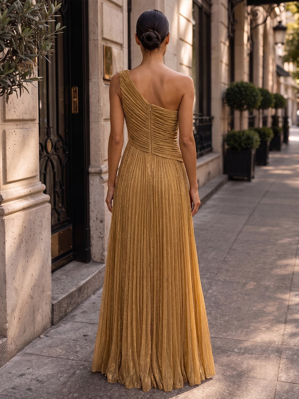 A-Line/Princess One Shoulder Glitter Maxi Evening Dresses with Pleats & Ruched Bodice