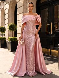 Sheath/Column Off Shoulder Sequin Maxi Evening Dresses with Sweep Train
