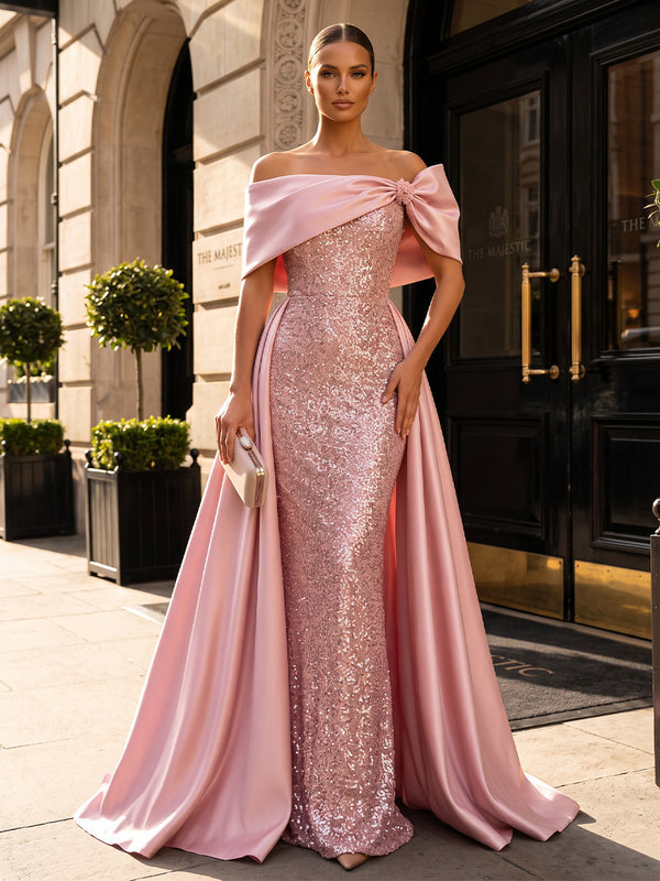 Sheath/Column Off Shoulder Sequin Maxi Evening Dresses with Sweep Train