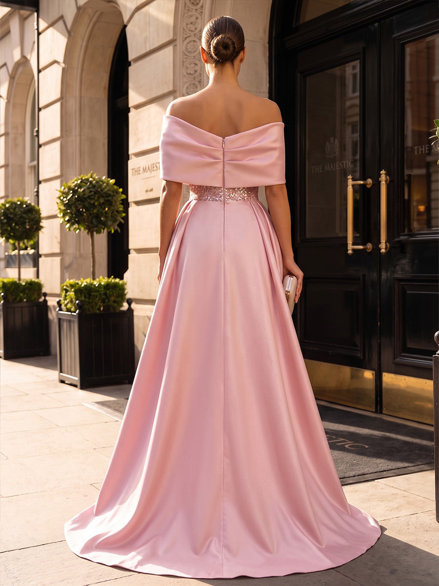 Sheath/Column Off Shoulder Sequin Maxi Evening Dresses with Sweep Train