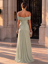 A-Line/Princess Off Shoulder Glitter Maxi Evening Dresses with Ruched Waist & 3D Flowers