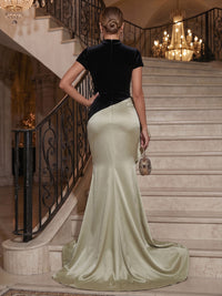 Mermaid/Trumpet High Neck Satin Maxi Evening Dresses with Ruched Waist, Sweep Train & Ruffles