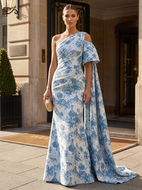 Sheath/Column One Shoulder Jacquard Maxi Evening Dresses with Side Sash & Ruched Waist