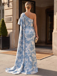 Sheath/Column One Shoulder Jacquard Maxi Evening Dresses with Side Sash & Ruched Waist