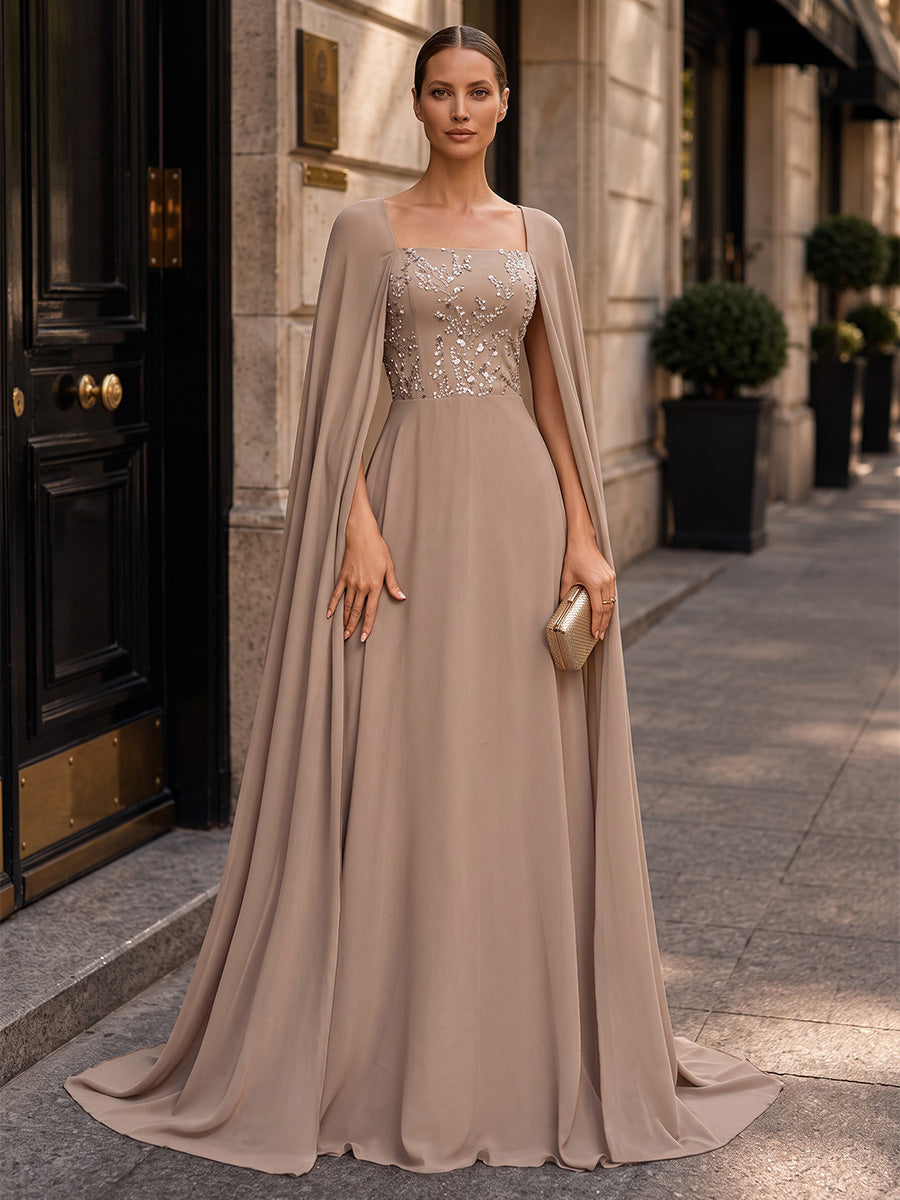 A-Line/Princess Square Neck Chiffon Maxi Evening Dresses with Lace Appliques, Sweep Train & Sequin