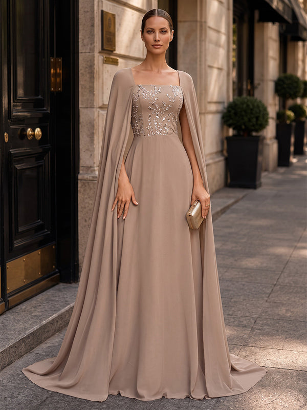 A-Line/Princess Square Neck Chiffon Maxi Evening Dresses with Lace Appliques, Sweep Train & Sequin