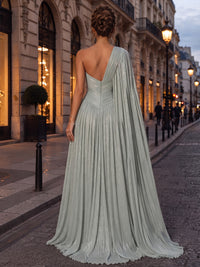 A-Line/Princess Asymmetric Neck Glitter Maxi Evening Dresses with Pleats & Side Sash