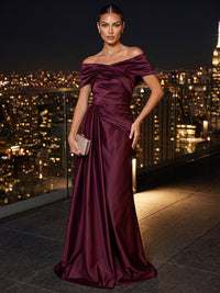 Sheath/Column Off Shoulder Satin Maxi Evening Dresses with Ruched Waist