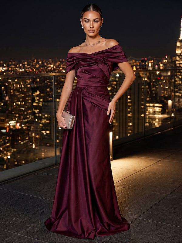 Sheath/Column Off Shoulder Satin Maxi Evening Dresses with Ruched Waist