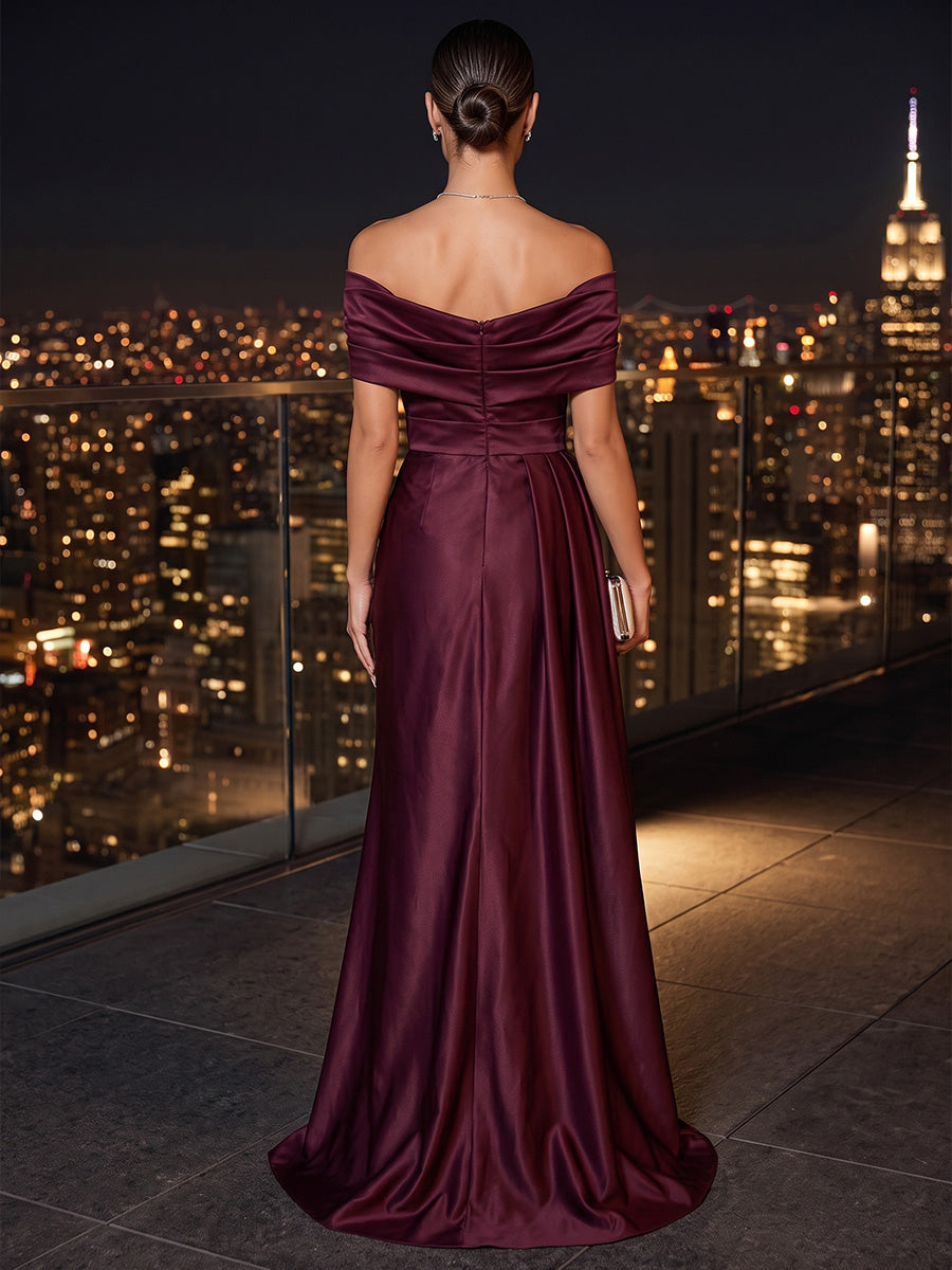 Sheath/Column Off Shoulder Satin Maxi Evening Dresses with Ruched Waist
