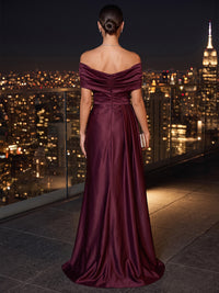 Sheath/Column Off Shoulder Satin Maxi Evening Dresses with Ruched Waist