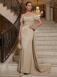 Sheath/Column Off Shoulder Satin Maxi Evening Dresses with 3D Flowers, Ruched Bodice & Sweep Train