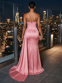Sheath/Column Strapless Satin Maxi Evening Dresses with Ruched Waist, Side Sash & Slit