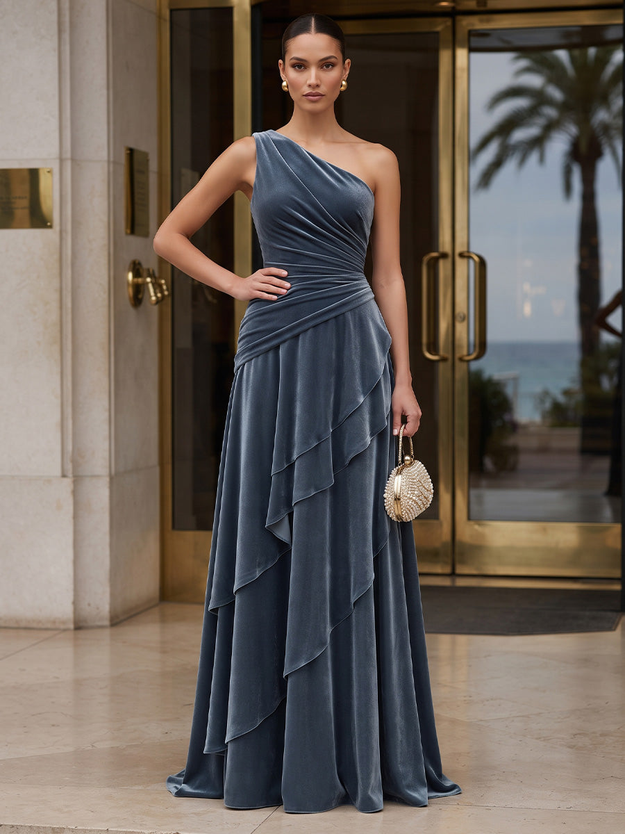 A-Line/Princess One Shoulder Velvet Maxi Evening Dresses with Pleats