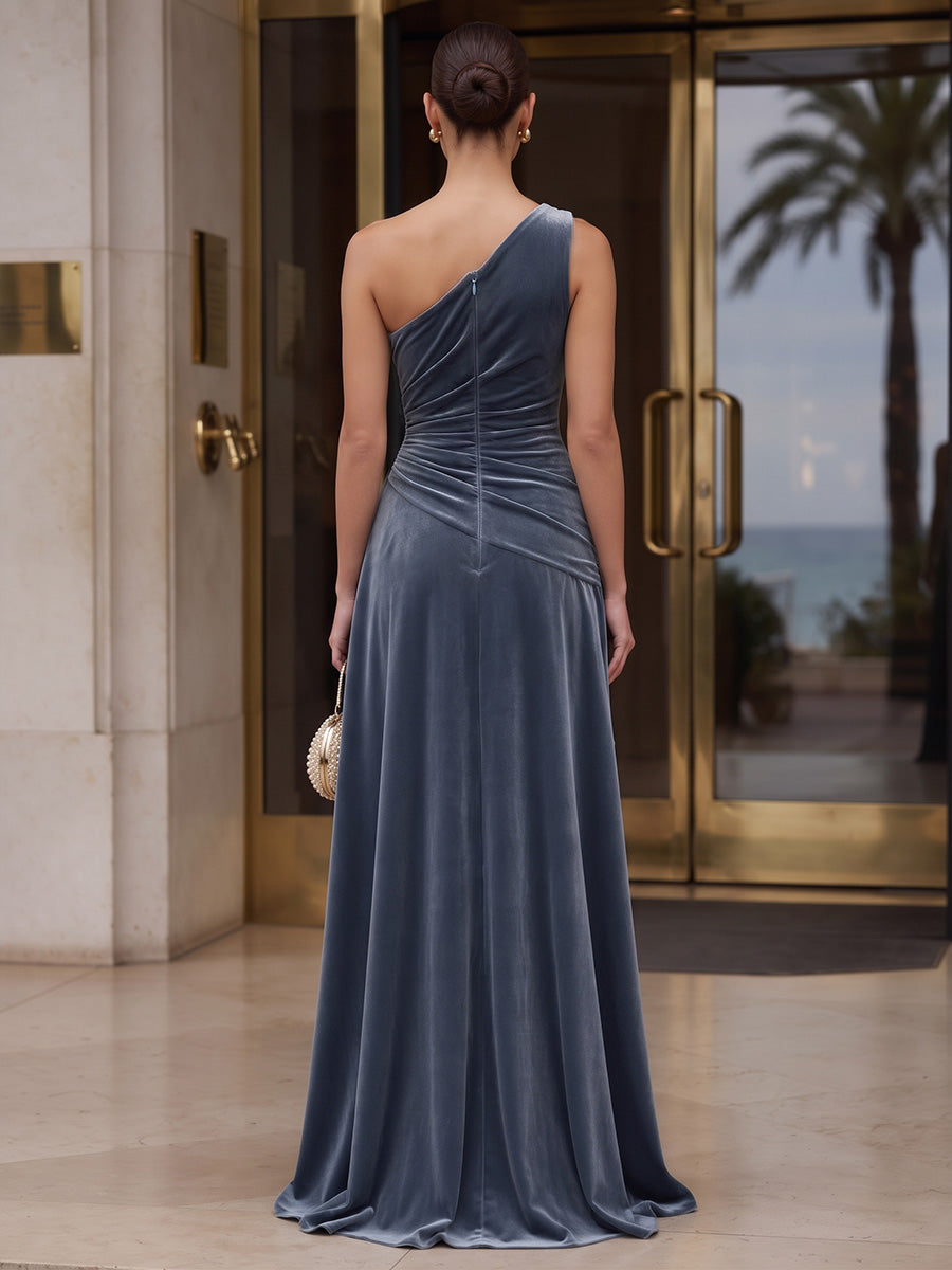 A-Line/Princess One Shoulder Velvet Maxi Evening Dresses with Pleats