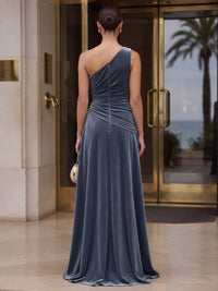 A-Line/Princess One Shoulder Velvet Maxi Evening Dresses with Pleats