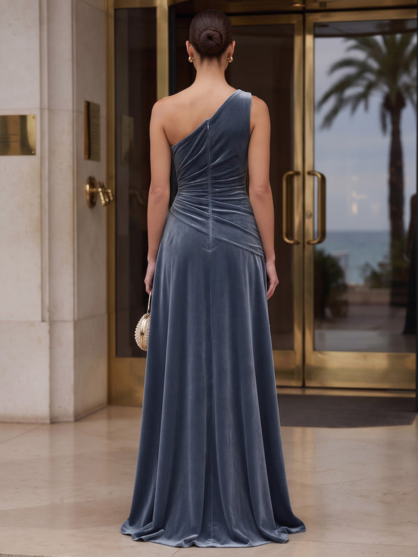 A-Line/Princess One Shoulder Velvet Maxi Evening Dresses with Pleats