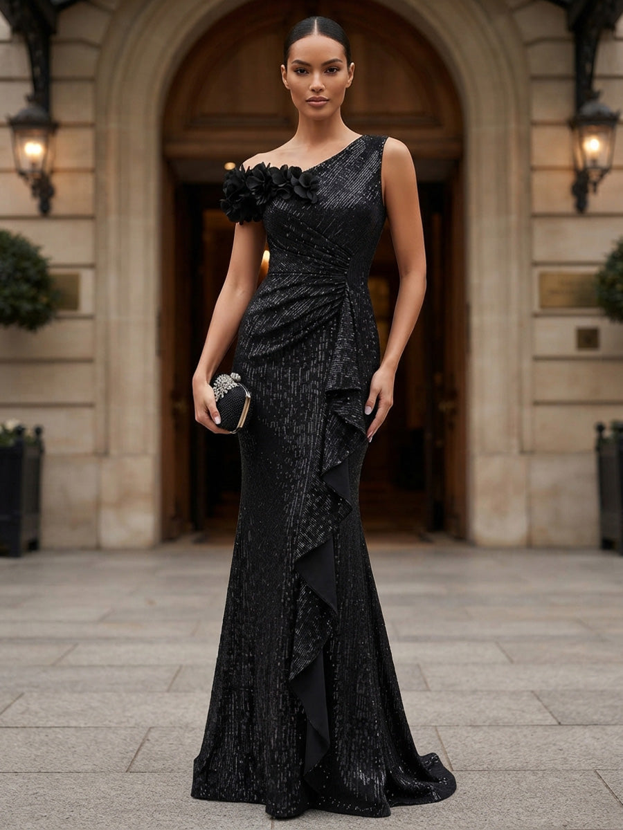 Sheath/Column Off Shoulder Sequin Maxi Evening Dresses with 3D Flowers & Ruffles
