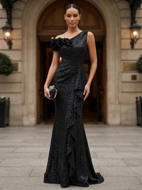 Sheath/Column Off Shoulder Sequin Maxi Evening Dresses with 3D Flowers & Ruffles