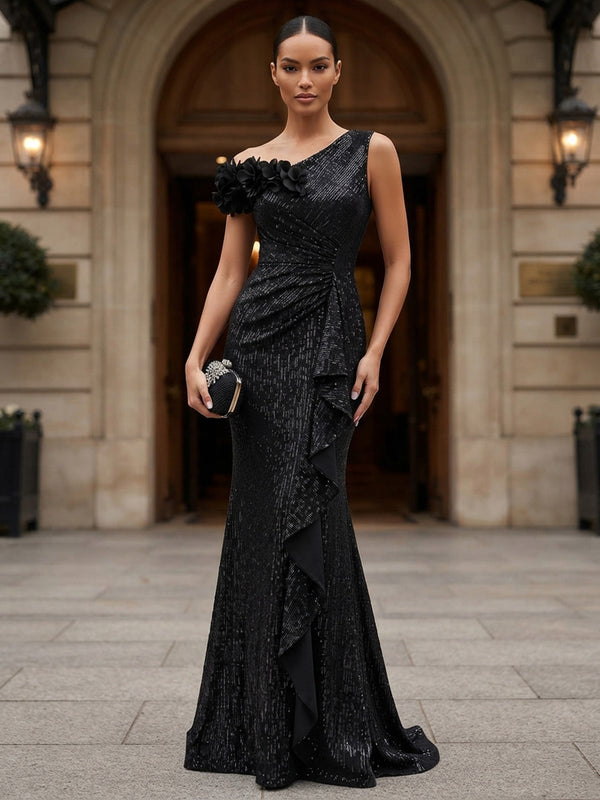 Sheath/Column Off Shoulder Sequin Maxi Evening Dresses with 3D Flowers & Ruffles